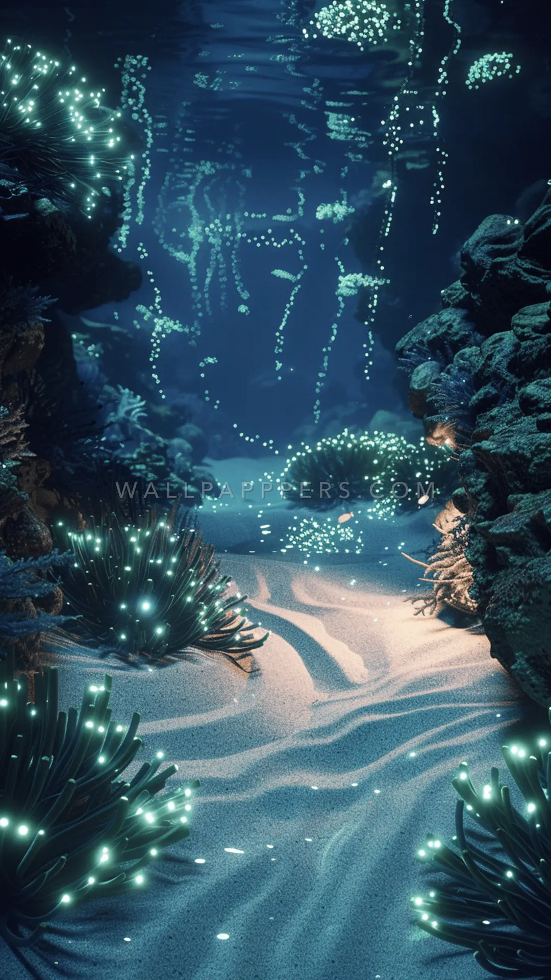 Glowing Underwater Coral Scene, AI-generated underwater phone wallpaper
