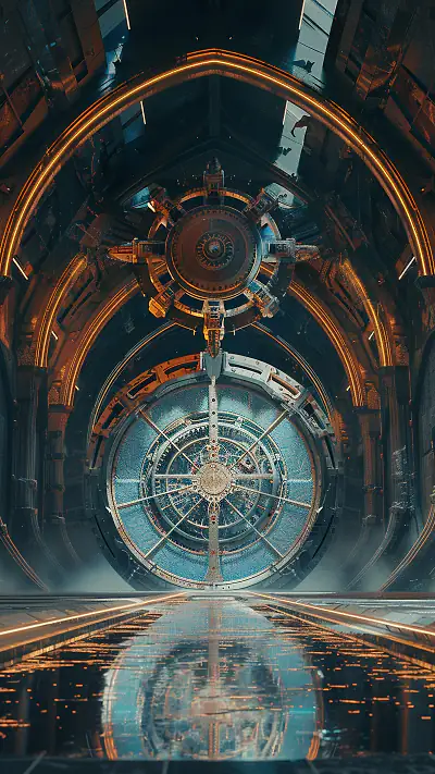 Clockwork Orrery in Abandoned Cathedral, AI-generated cyberpunk phone wallpaper
