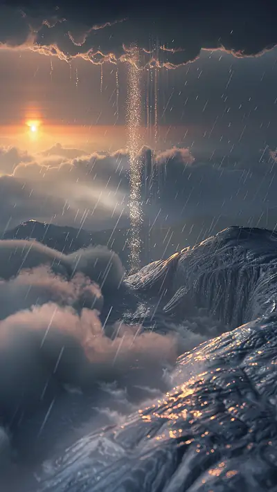 Rain Shaft and Setting Sun, AI-generated weather phone wallpaper