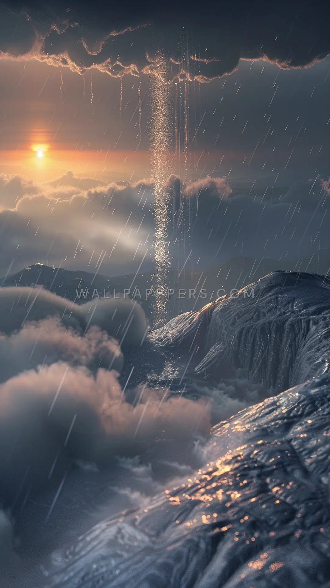 Rain Shaft and Setting Sun, AI-generated weather phone wallpaper