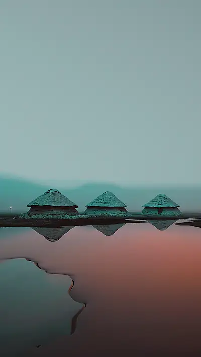 Abstract Maasai Huts Reflection, AI-generated minimalist phone wallpaper