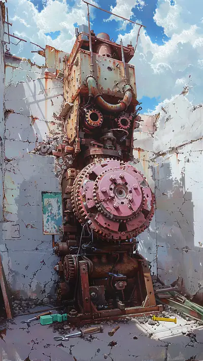 Rusted Engine in Workshop, AI-generated mechanical phone wallpaper