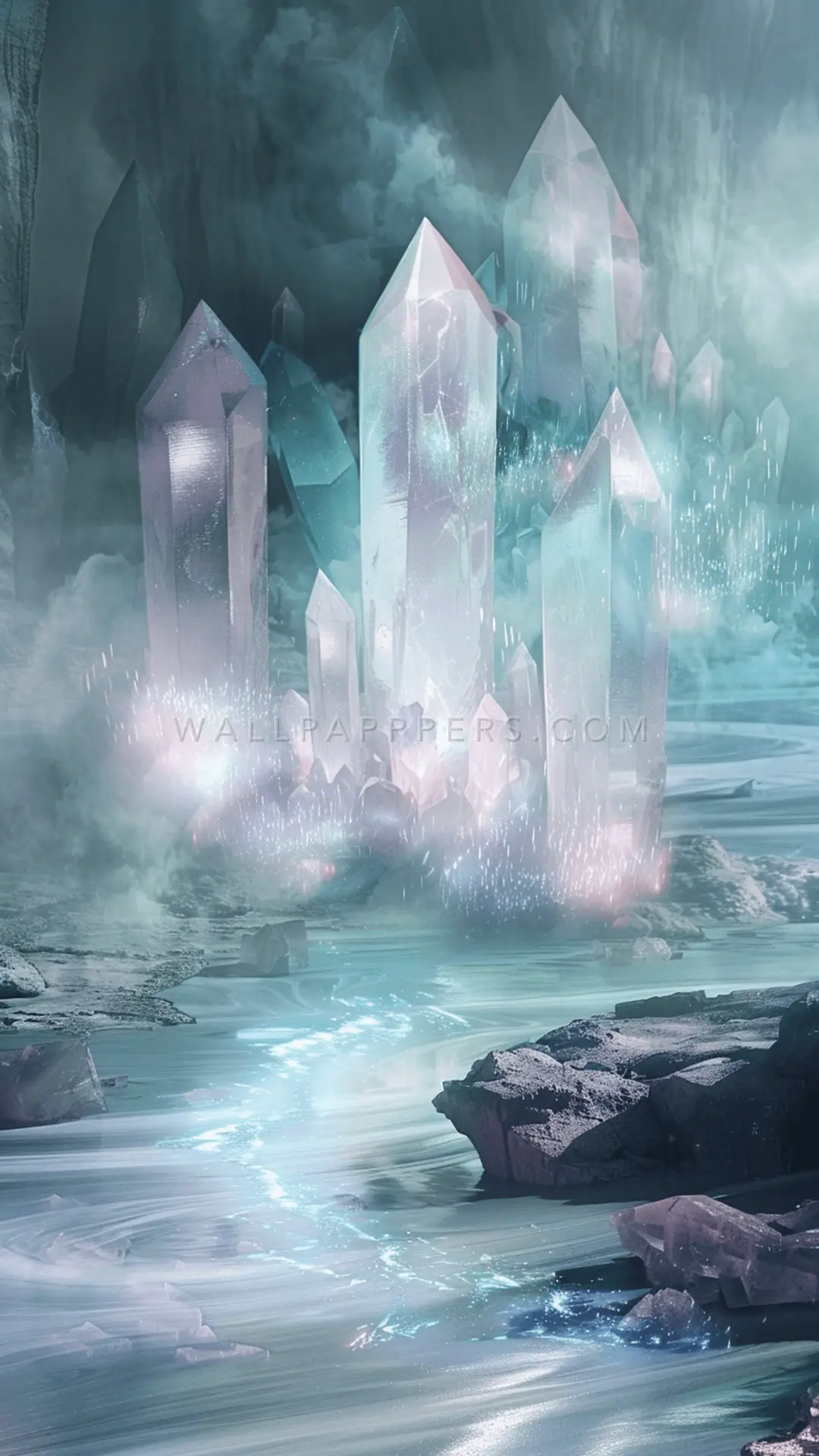 Crystal Formations In Mist, AI-generated crystals phone wallpaper