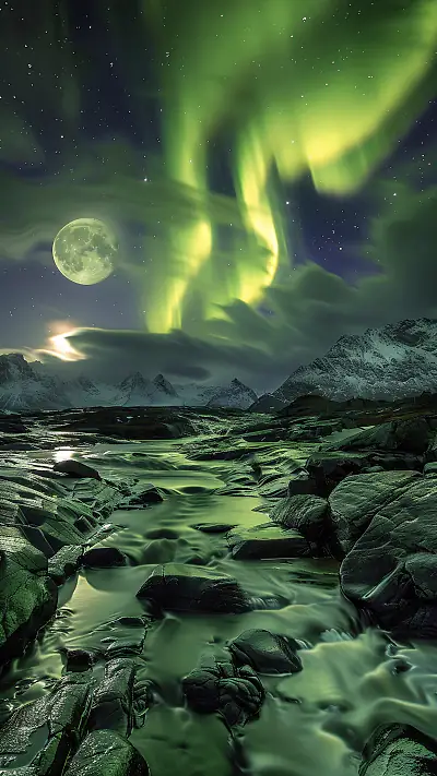 Aurora Over Lofoten Islands, AI-generated aurora phone wallpaper