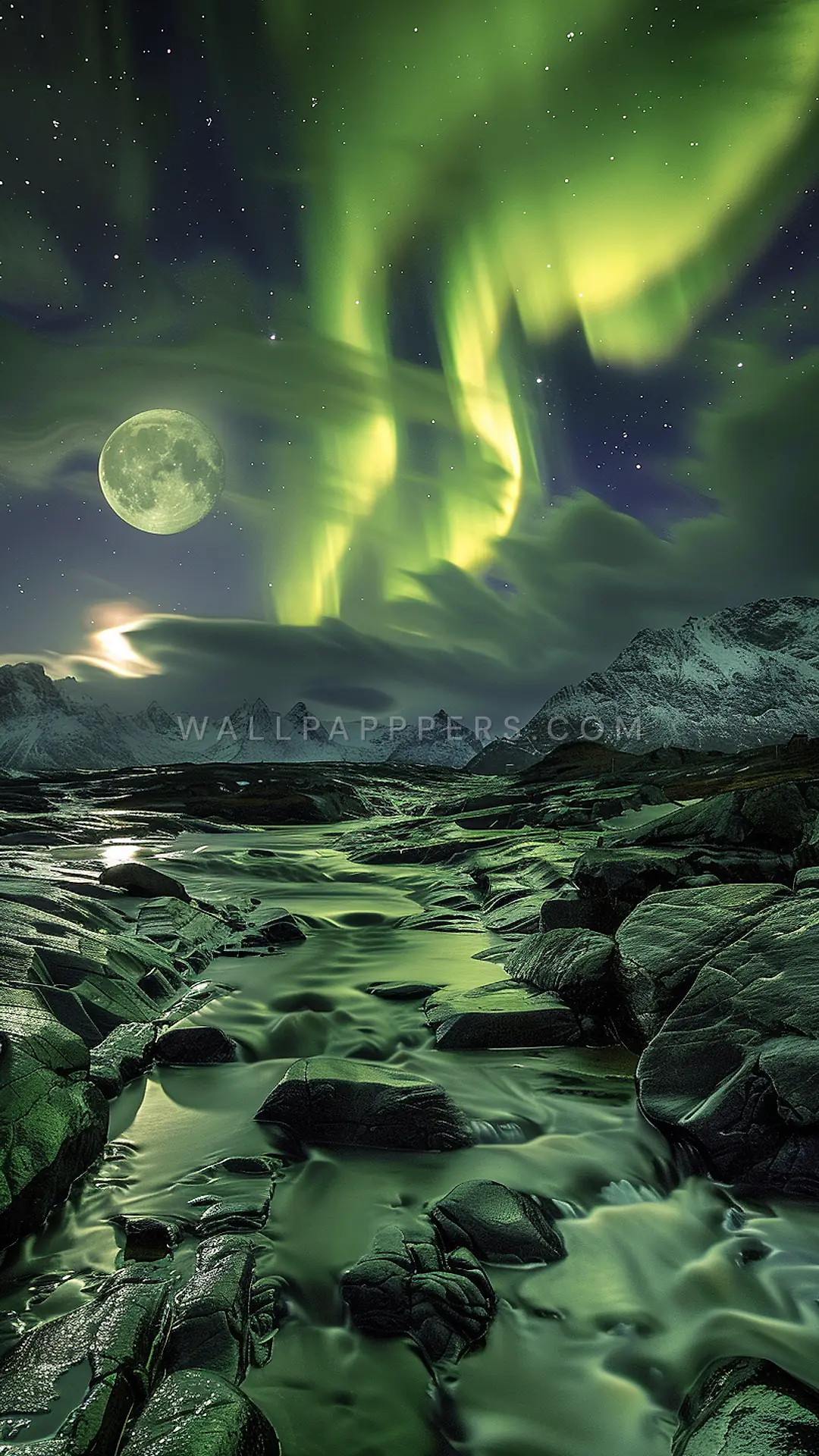 Aurora Over Lofoten Islands, AI-generated aurora phone wallpaper