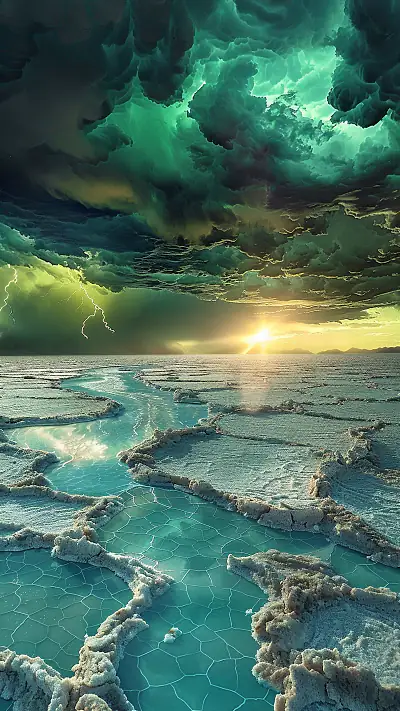 Squall Line Over Salt Flats, AI-generated weather phone wallpaper