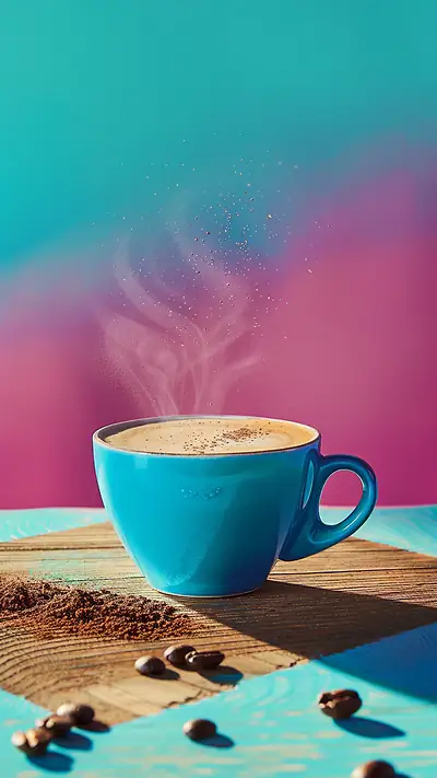 Steaming Coffee in Blue Cup, AI-generated food phone wallpaper