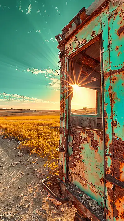 Abandoned Railway Carriage, AI-generated retro phone wallpaper