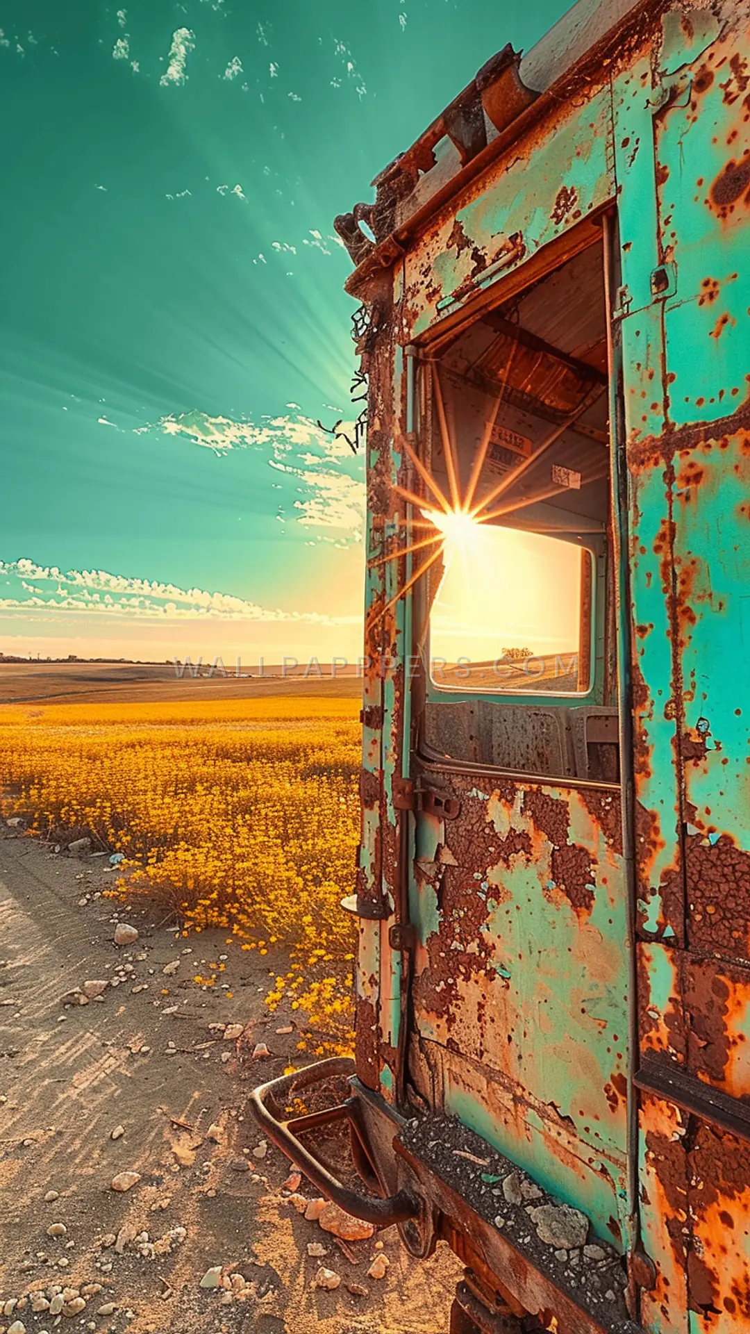 Abandoned Railway Carriage, AI-generated retro phone wallpaper