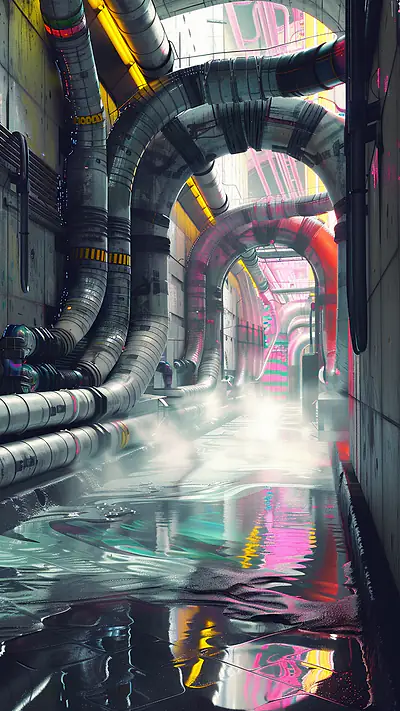 Labyrinthine Service Tunnel, AI-generated cyberpunk phone wallpaper