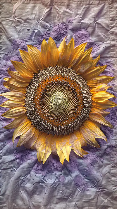Sunflower Head on Linen, AI-generated flora phone wallpaper