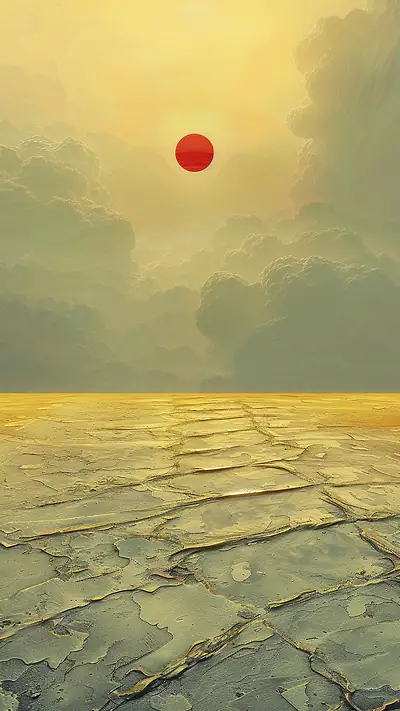 Golden Horizon with Red Sun, AI-generated abstract phone wallpaper