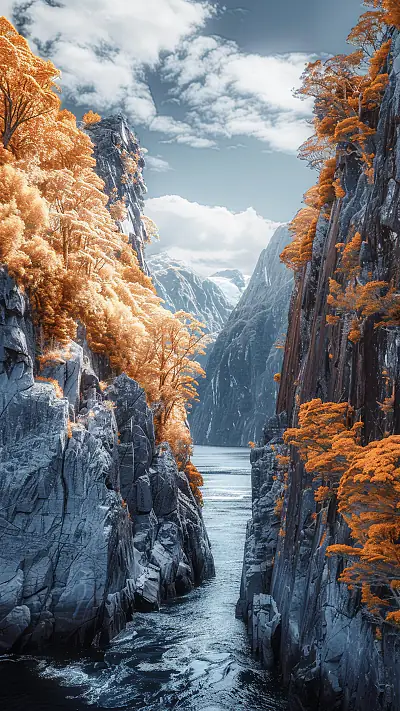 Narrow Fiord in Fiordland, AI-generated landscape phone wallpaper