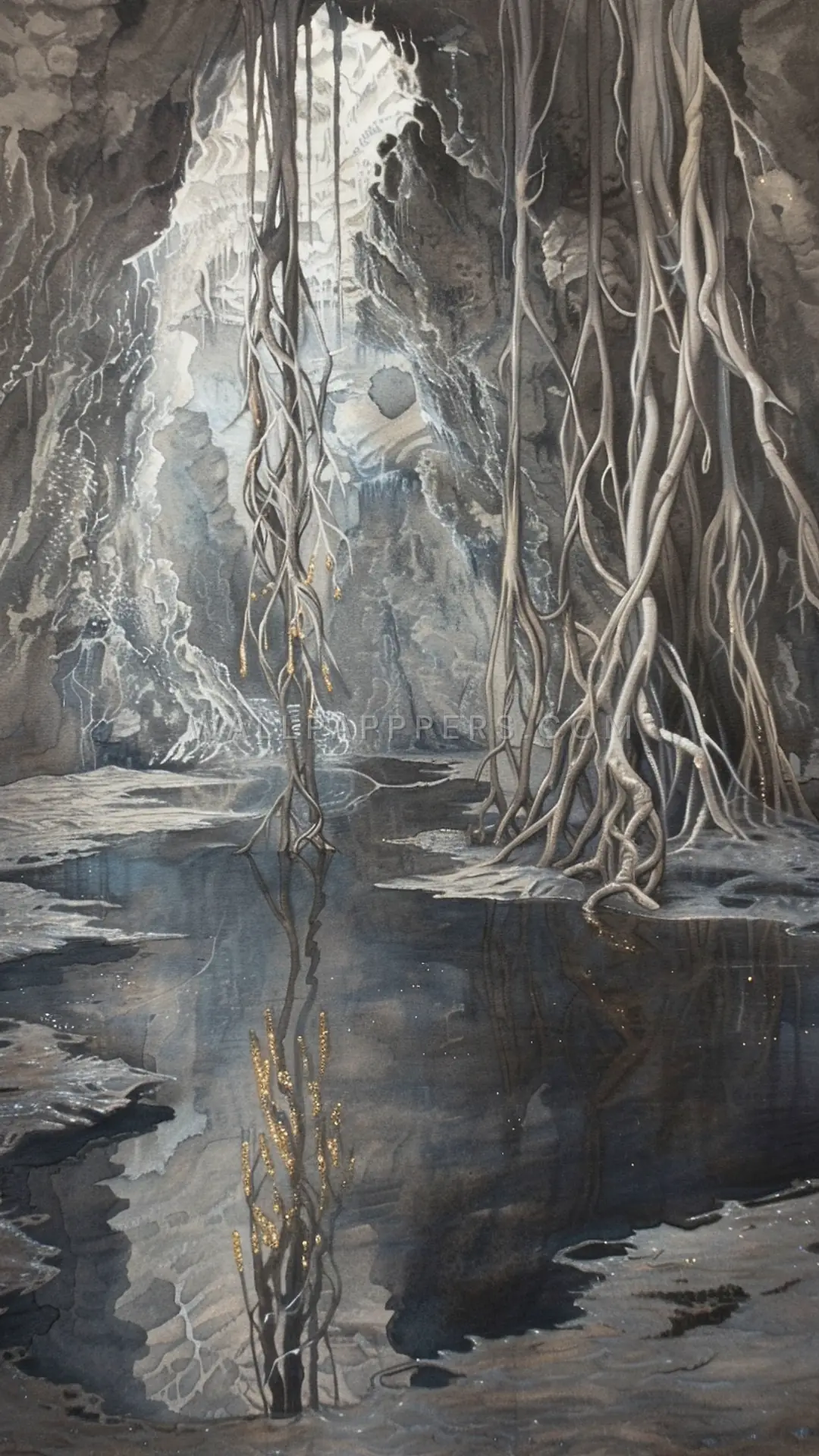 Cave with Hanging Roots, AI-generated surreal phone wallpaper