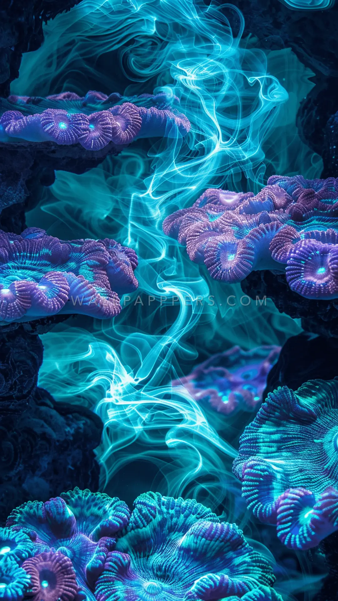 Vibrant Coral Reef With Smoke, AI-generated underwater phone wallpaper