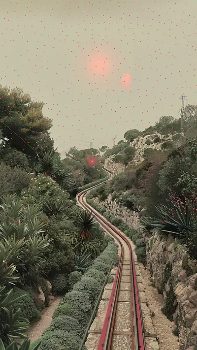 Winding Barcelona Funicular Track, AI-generated retro phone wallpaper