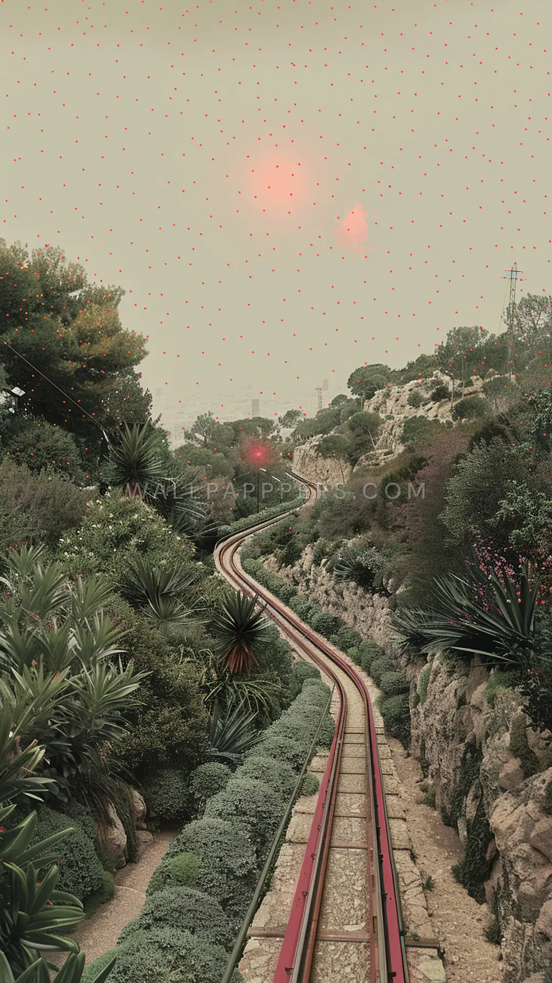 Winding Barcelona Funicular Track, AI-generated retro phone wallpaper