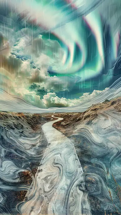 Winding Path Under Aurora, AI-generated aurora phone wallpaper