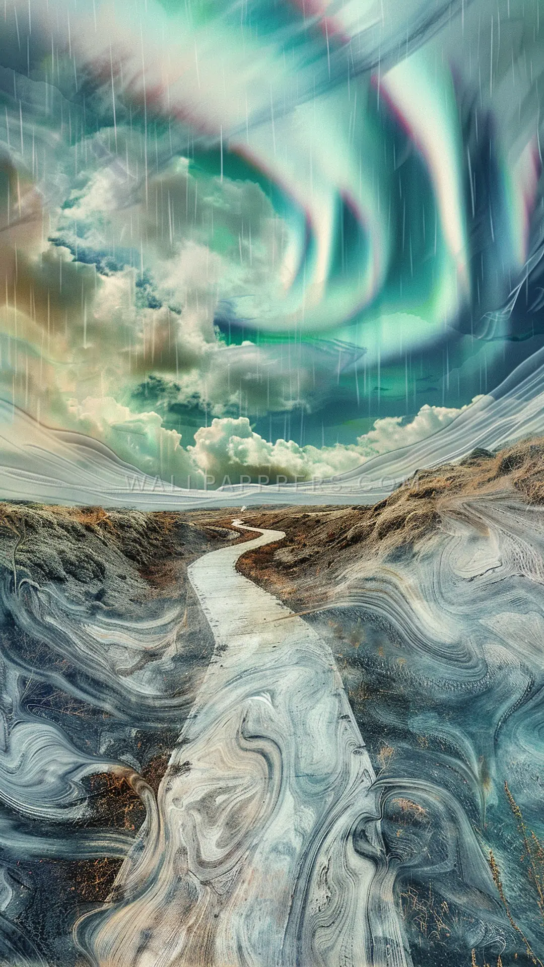 Winding Path Under Aurora, AI-generated aurora phone wallpaper