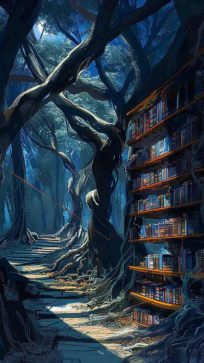 Whimsical Forest Library, AI-generated surreal phone wallpaper