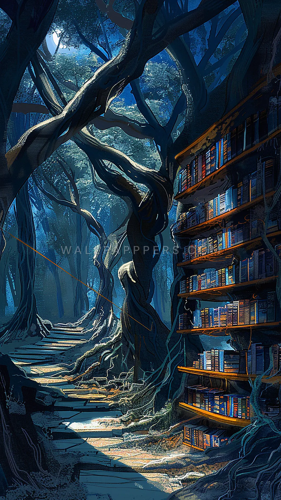 Whimsical Forest Library, AI-generated surreal phone wallpaper