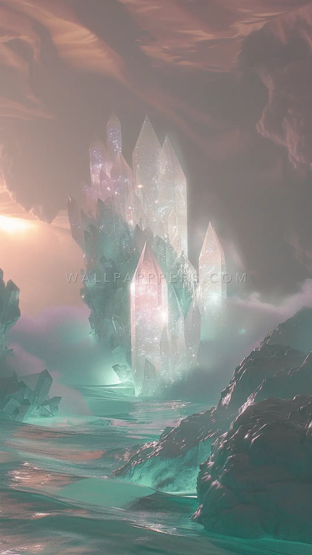 Ethereal Crystalline Landscape, AI-generated crystals phone wallpaper