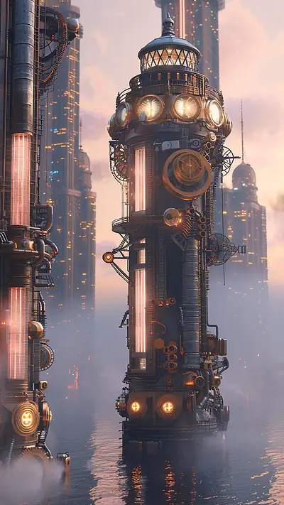 Brass Lighthouse with Clockwork, AI-generated cyberpunk phone wallpaper