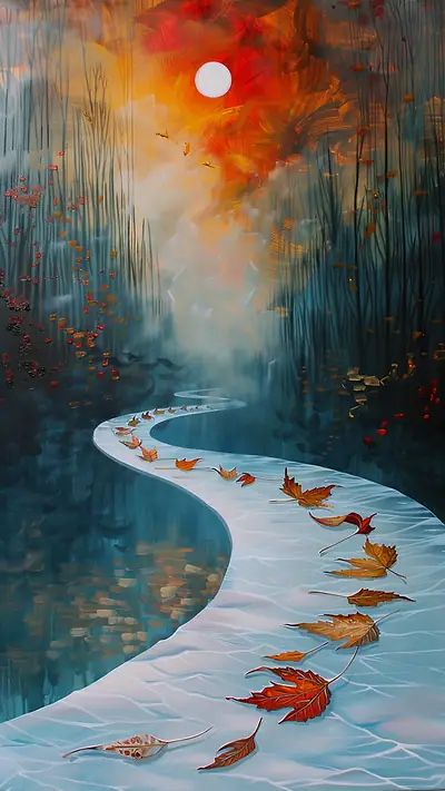 Frozen River in Dreamscape, AI-generated surreal phone wallpaper