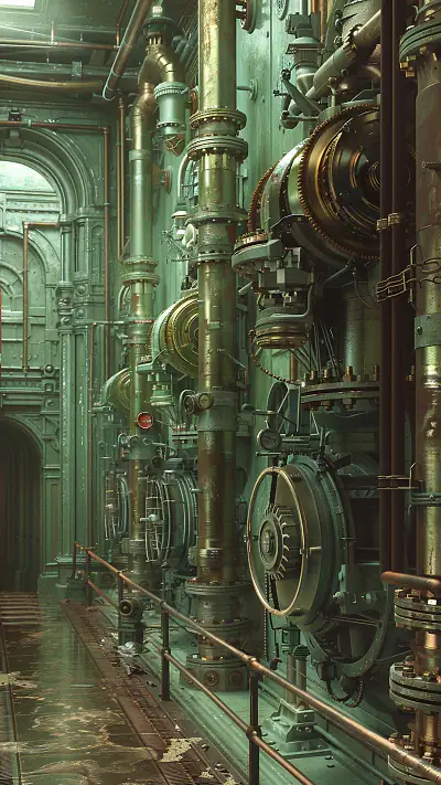 Pneumatic Exchange Hall, AI-generated steampunk phone wallpaper