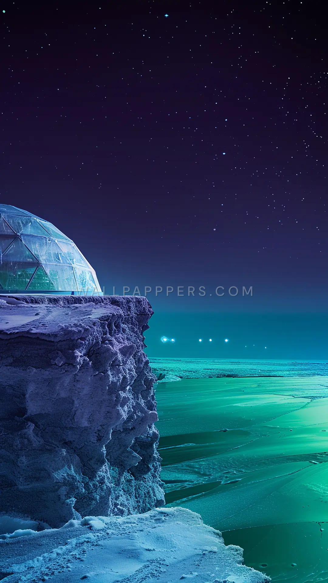 Colony Dome Under Stars, AI-generated cosmic phone wallpaper