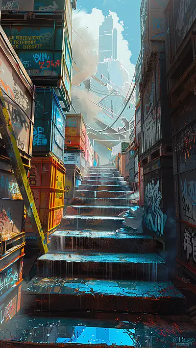 Urban Stairwell Between Crates, AI-generated urban phone wallpaper