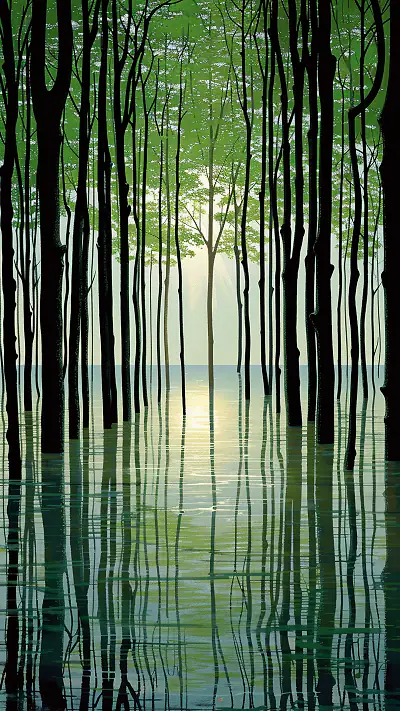 Flooded Forest Trunks, AI-generated nature phone wallpaper