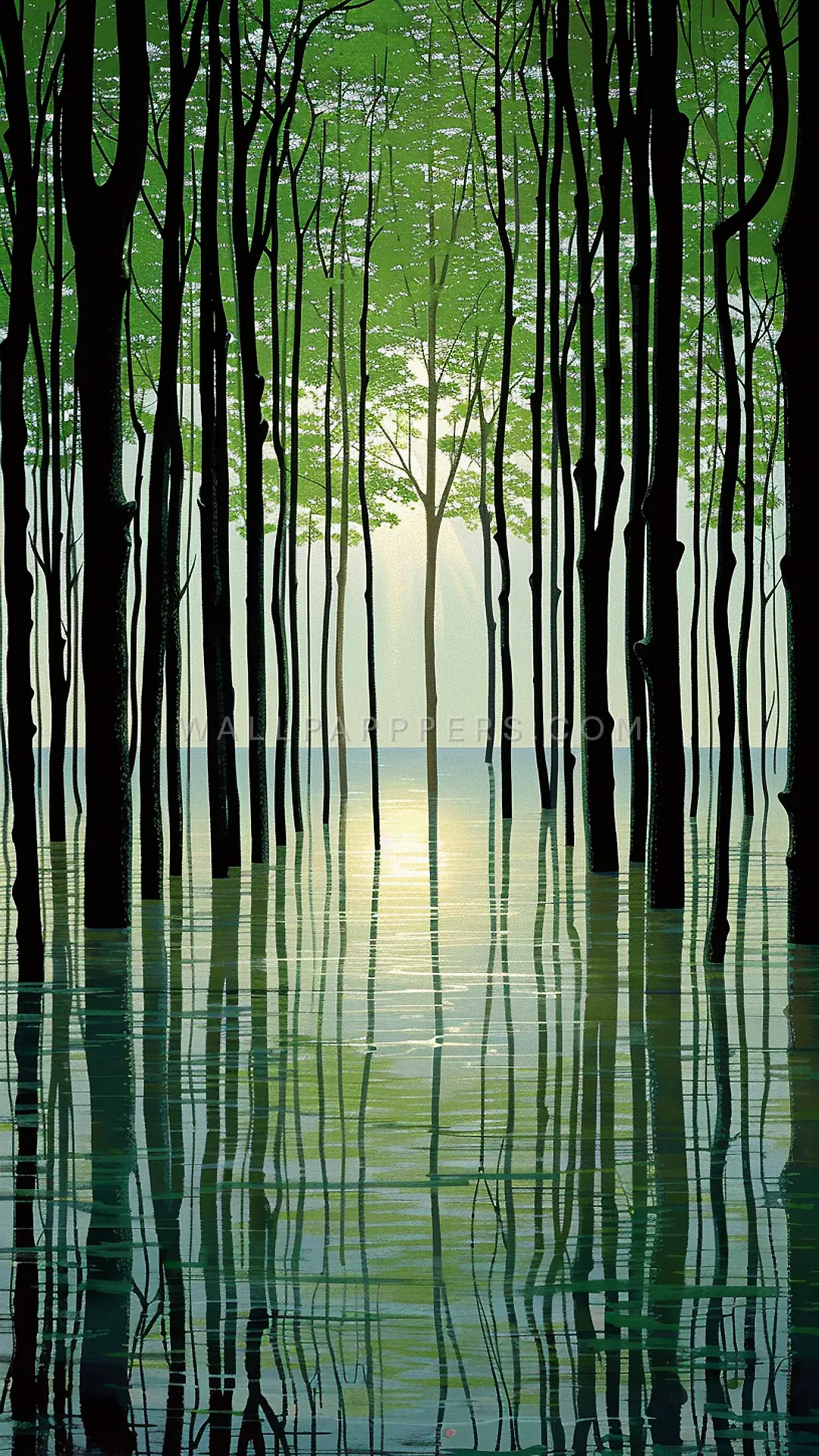 Flooded Forest Trunks, AI-generated nature phone wallpaper