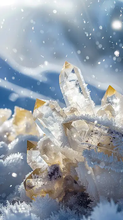 Quartz Crystals in Snow, AI-generated crystals phone wallpaper