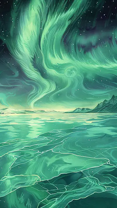 Aurora Over Crystalline Waters, AI-generated aurora phone wallpaper
