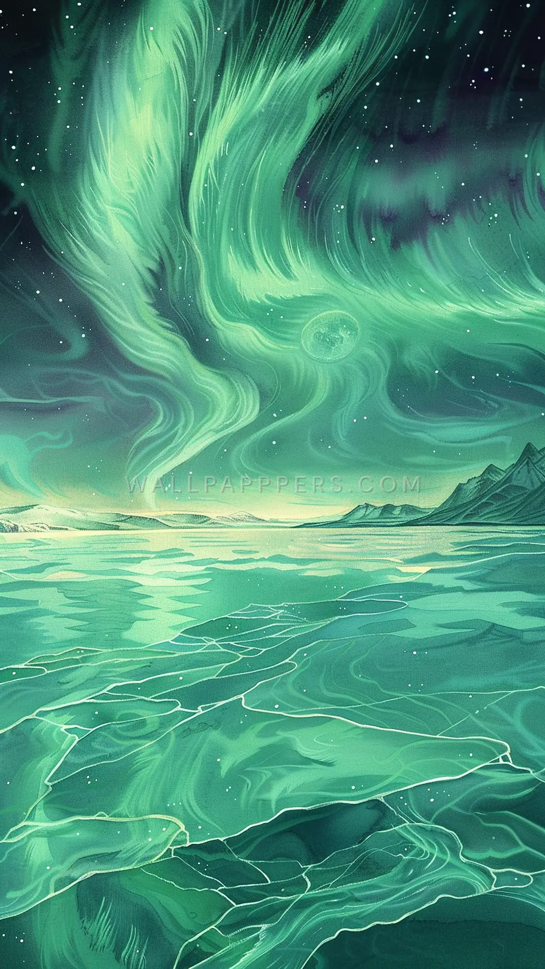 Aurora Over Crystalline Waters, AI-generated aurora phone wallpaper