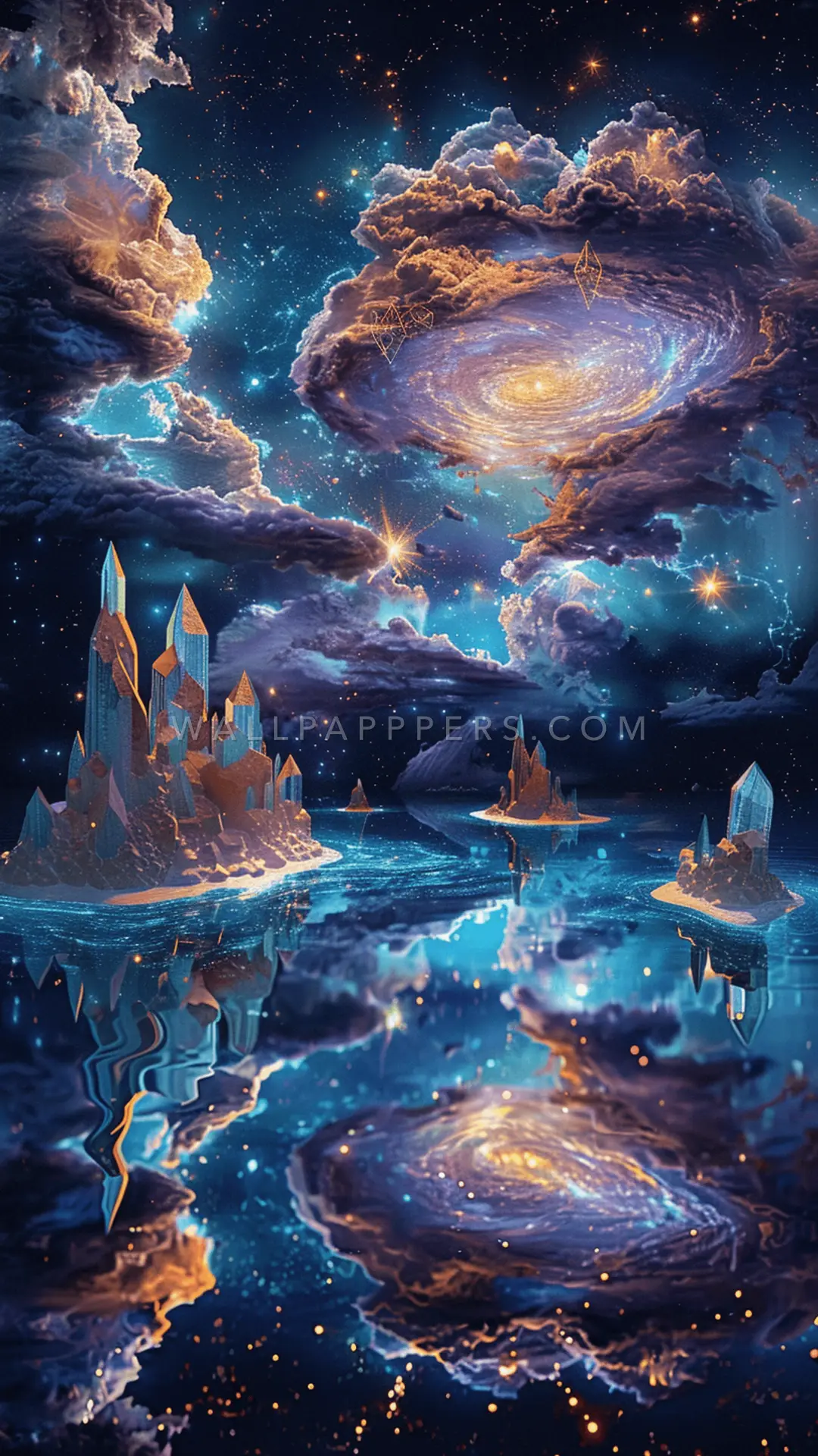 Galaxy With Crystal Islands, AI-generated surreal phone wallpaper