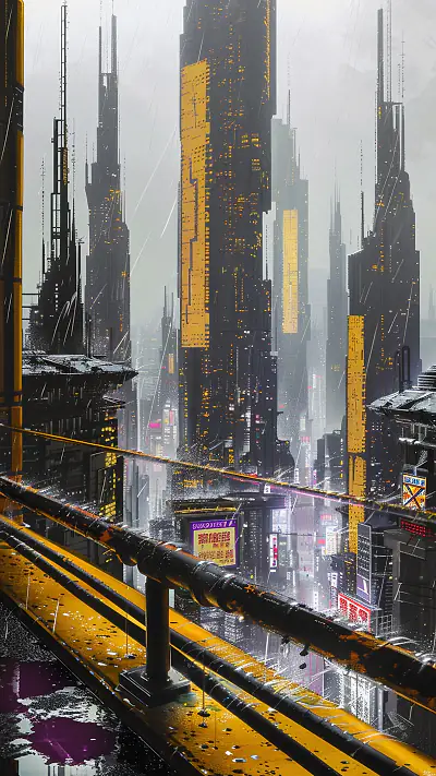 Rain-Soaked Megacity Spires, AI-generated cyberpunk phone wallpaper