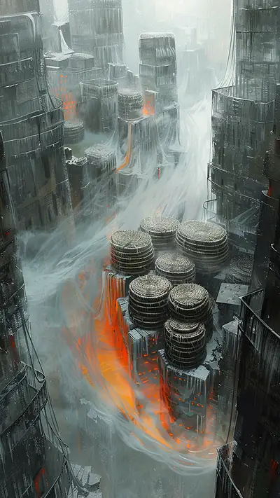 Foggy Urban Market Scene, AI-generated urban phone wallpaper