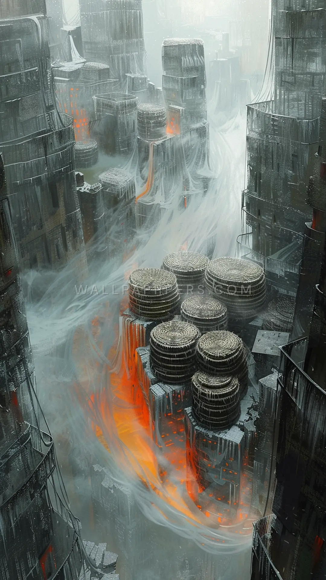Foggy Urban Market Scene, AI-generated urban phone wallpaper