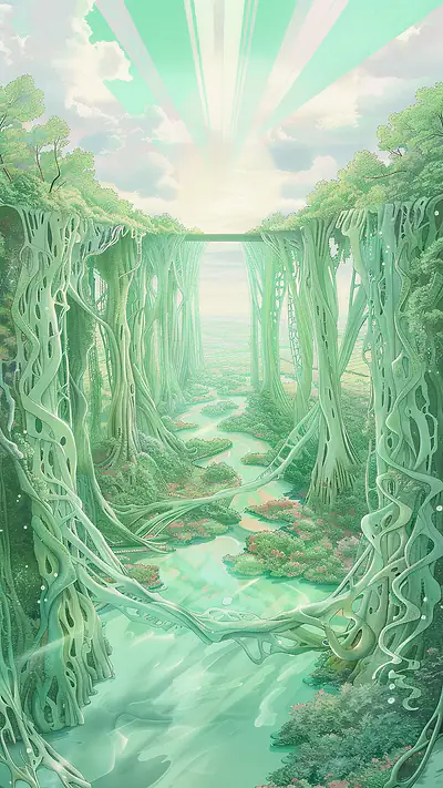 Vine-Covered Gorge, AI-generated fantasy phone wallpaper