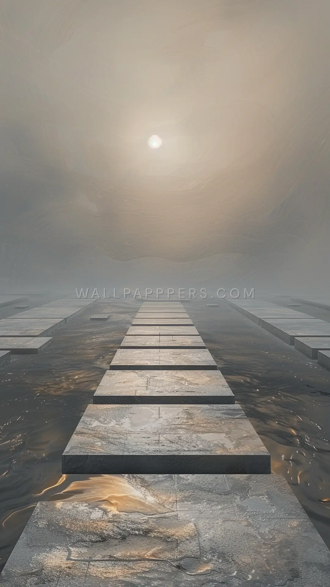 Symmetrical Fields Above Water, AI-generated abstract phone wallpaper