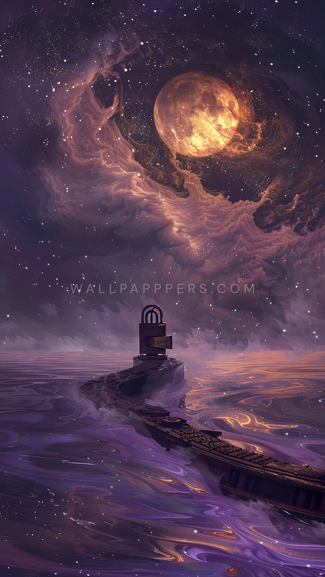 Cosmic Canal with Moon, AI-generated cosmic phone wallpaper