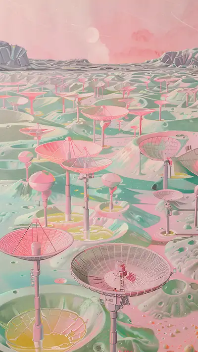 Lunar Radio Dishes, AI-generated cyberpunk phone wallpaper