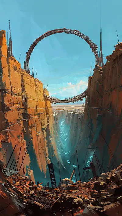 Orbital Ring Over Canyon, AI-generated sci-fi phone wallpaper