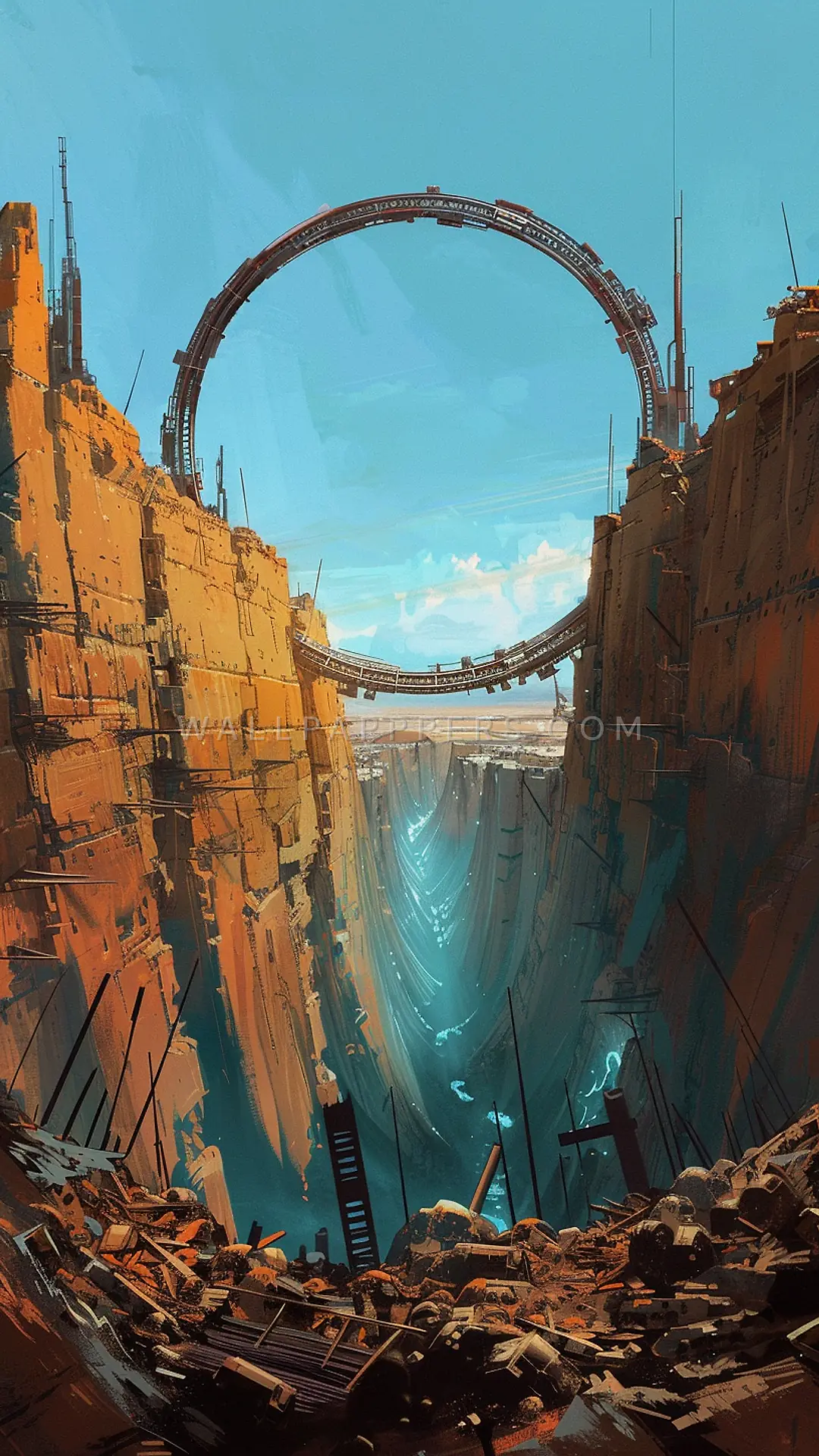 Orbital Ring Over Canyon, AI-generated sci-fi phone wallpaper