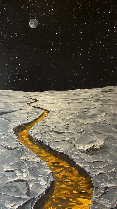 Winding Rille Under Stars, AI-generated sci-fi phone wallpaper
