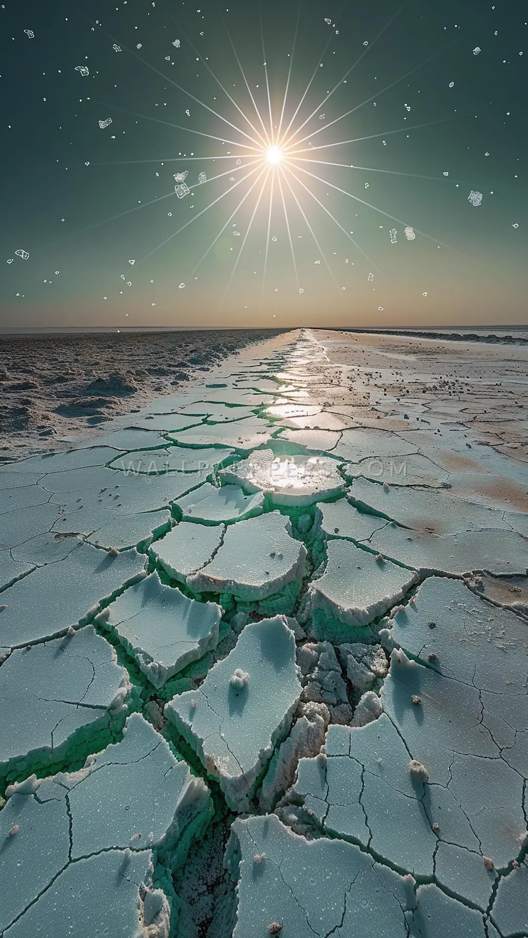 Cracked Salt Pan Under Sun, AI-generated desert phone wallpaper