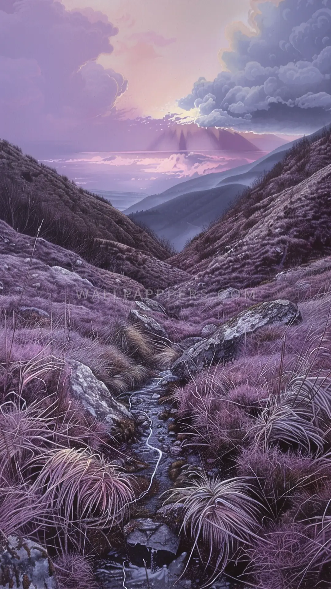 Trickling Meltwater in Valley, AI-generated mountain phone wallpaper
