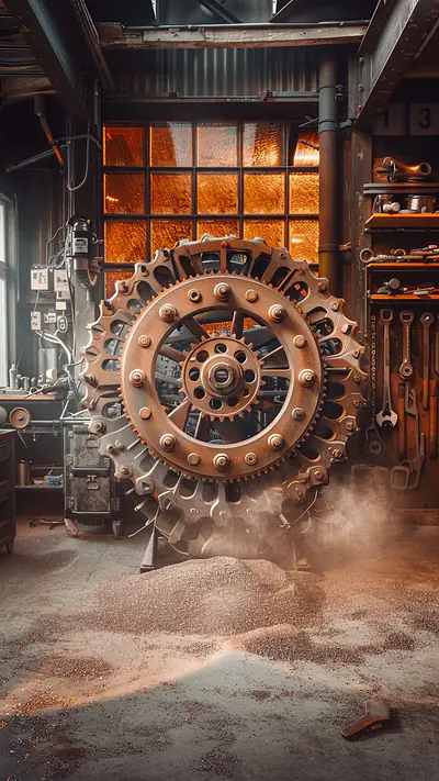 Giant Gear in Workshop, AI-generated mechanical phone wallpaper